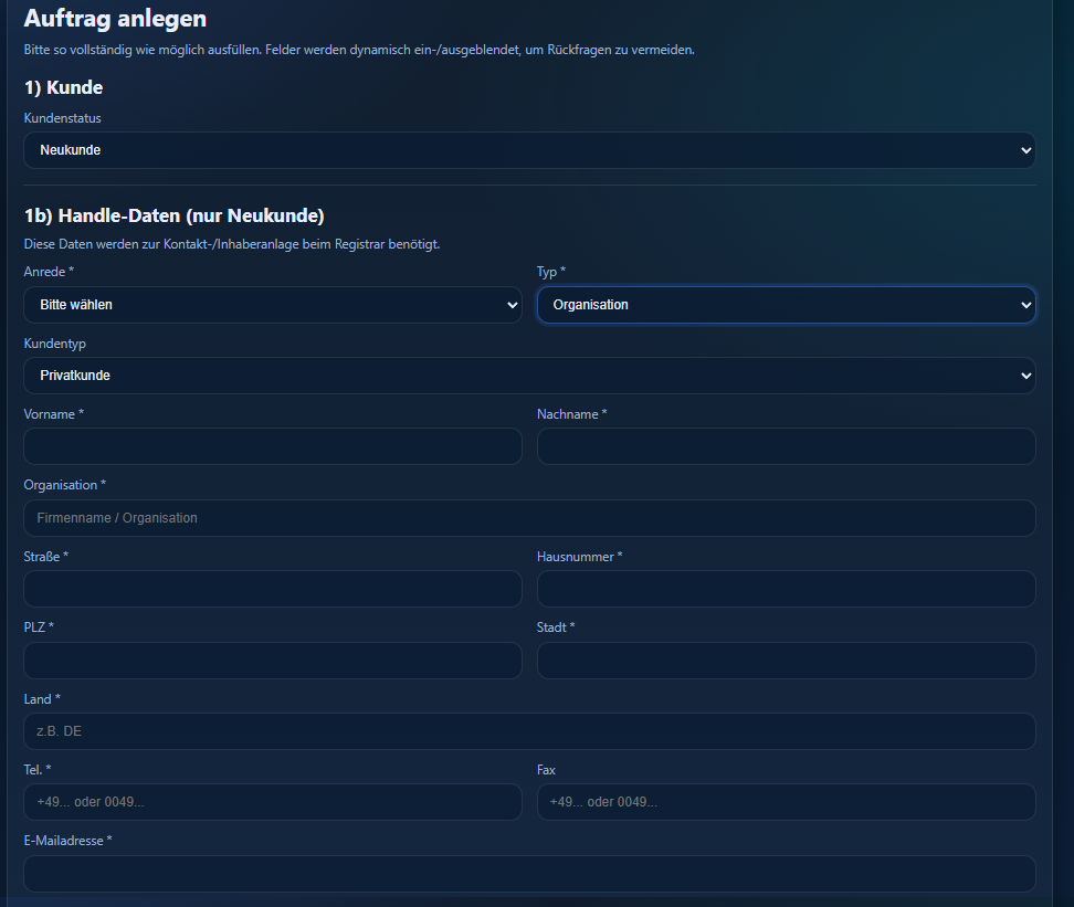 Handle-Daten (Neukunde)